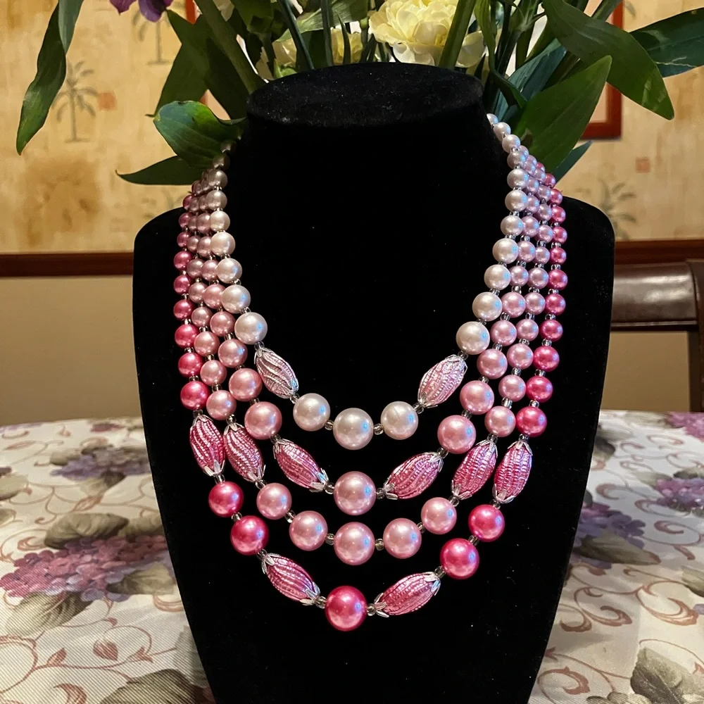 JAPAN SIGNED FOUR STRAND OF GORGEOUS FAUX PEARLS PINK BEADS AND BEAD CAPS - Picture 1 of 17
